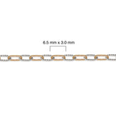 Gold filled and silver chain with measurement details on a white background