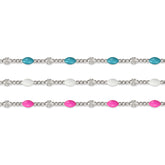 Sterling silver chains with colorful enamel options on a white background