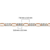 Mixed-metal, 14K rose gold-filled plus sterling silver chain with measurements on a white background
