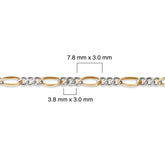 Two tone gold filled and sterling silver figaro chain with measurements on a white background
