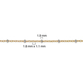 Gold filled chain with measurements on a white background