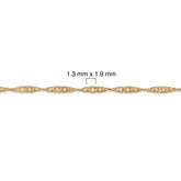 Gold filled Singapore chain with measurement details on a white background