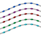 Sterling silver chains with colorful enamel options on a white background