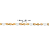 Gold and white beaded bracelet with measurement details on a white background