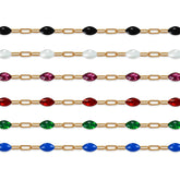 Gold filled chains with colorful enamel on a white background