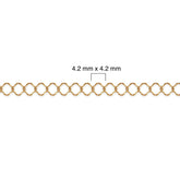 Gold filled clover chain with measurement details on a white background