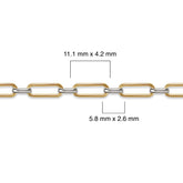 Gold-filled and silver chain with measurements on a white background