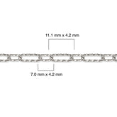 Diamond-cut sterling silver chain with measurements on a white background