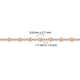 Close-up of a rose gold-filled and sterling silver chain with measurements on a white background
