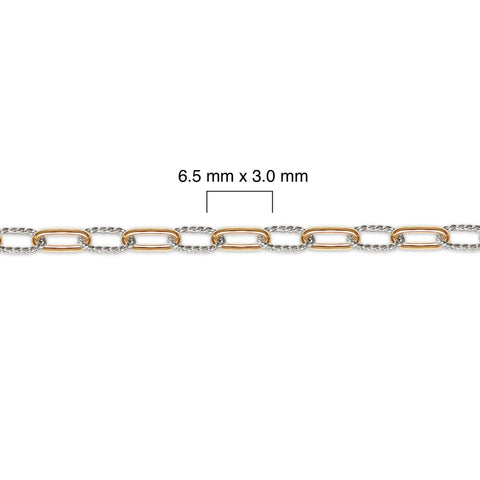 Gold filled and silver chain with measurement details on a white background