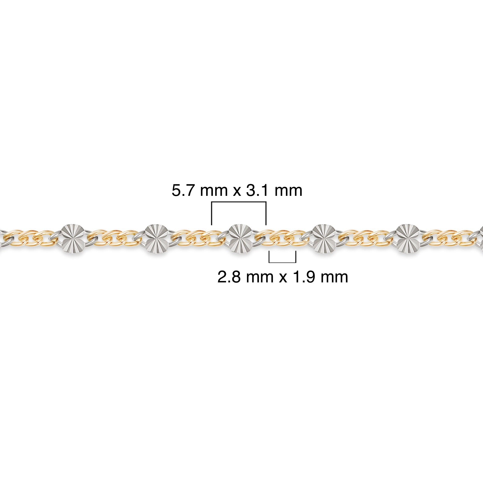 Two-tone gold-filled plus sterling silver chain with measurements on a white background