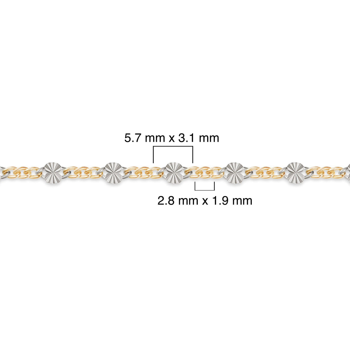 Two-tone gold-filled plus sterling silver chain with measurements on a white background