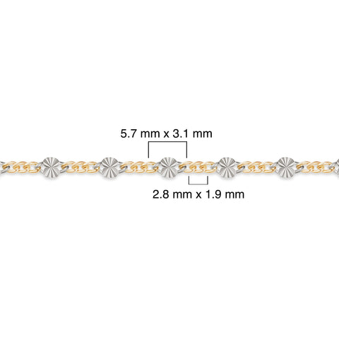 Two-tone gold-filled plus sterling silver chain with measurements on a white background