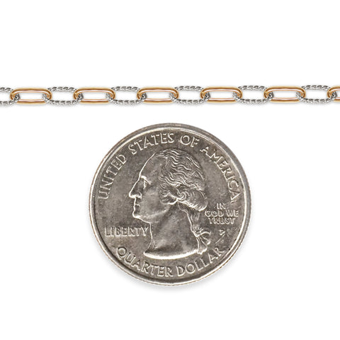 Two-toned chain next to a quarter on a white background
