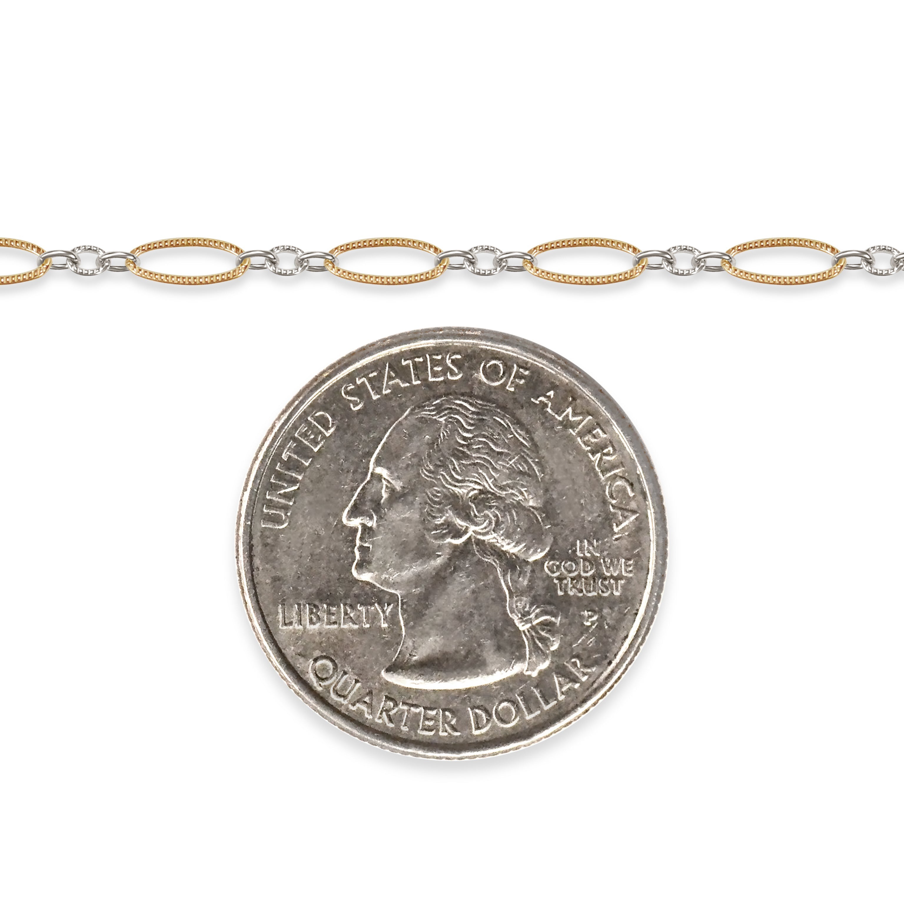 Gold filled and silver chain next to a quarter on a white background