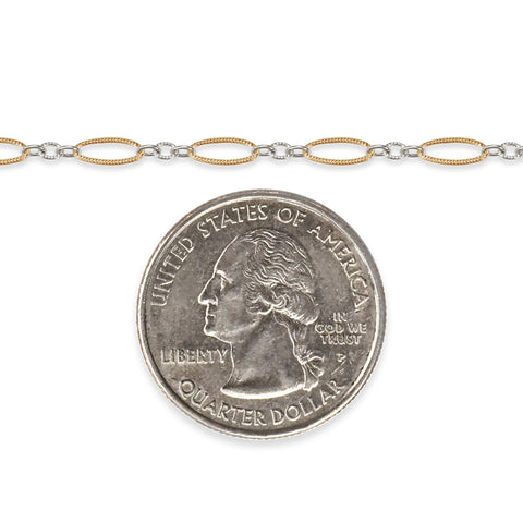 Gold filled and silver chain next to a quarter on a white background
