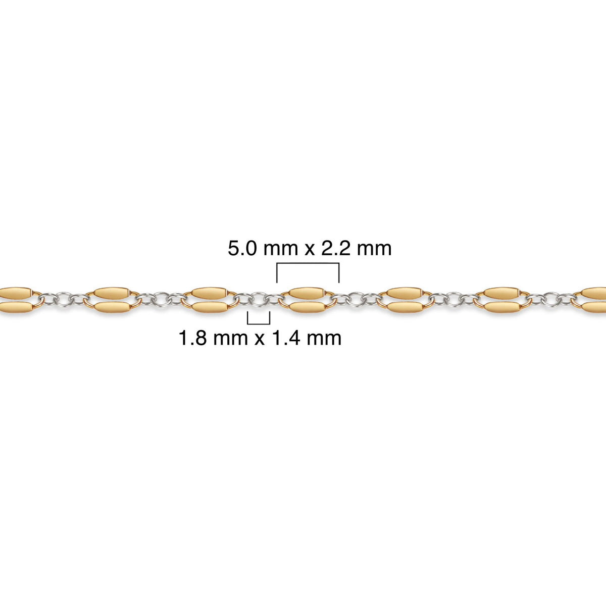 Gold filled and silver chain with measurements on a white background