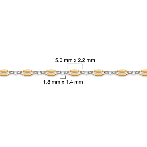 Gold filled and silver chain with measurements on a white background