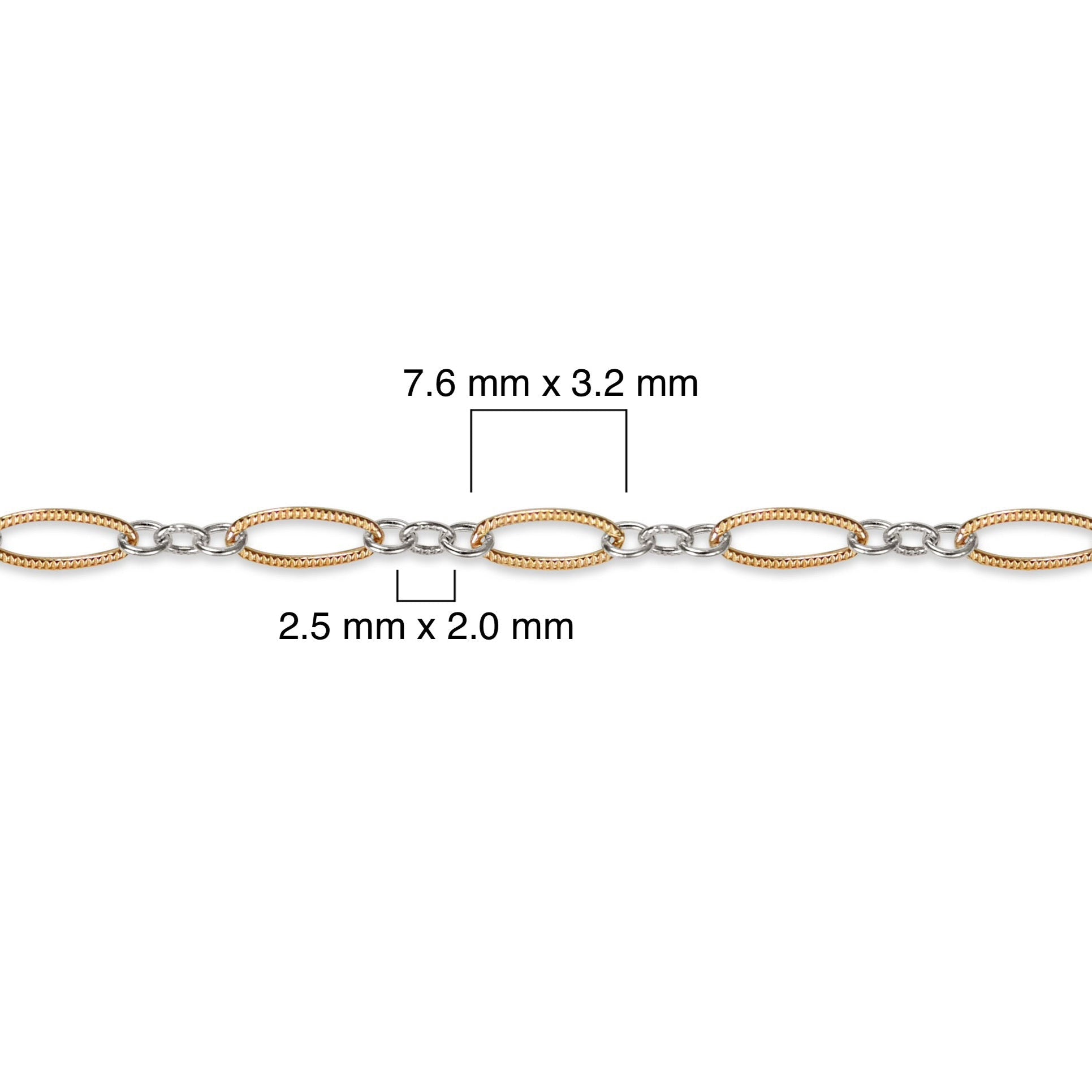 Close-up of a gold filled and silver chain with measurements on a white background