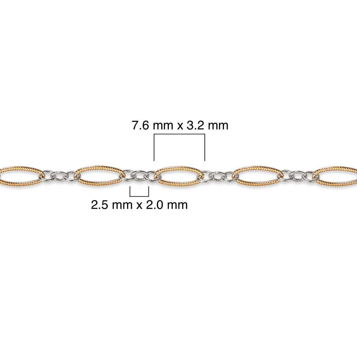 Close-up of a gold filled and silver chain with measurements on a white background