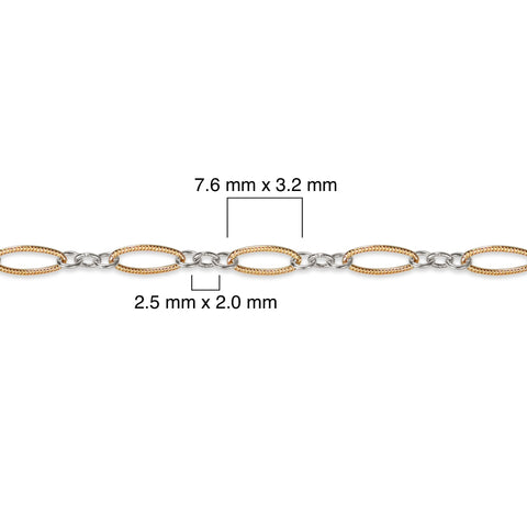 Close-up of a gold filled and silver chain with measurements on a white background