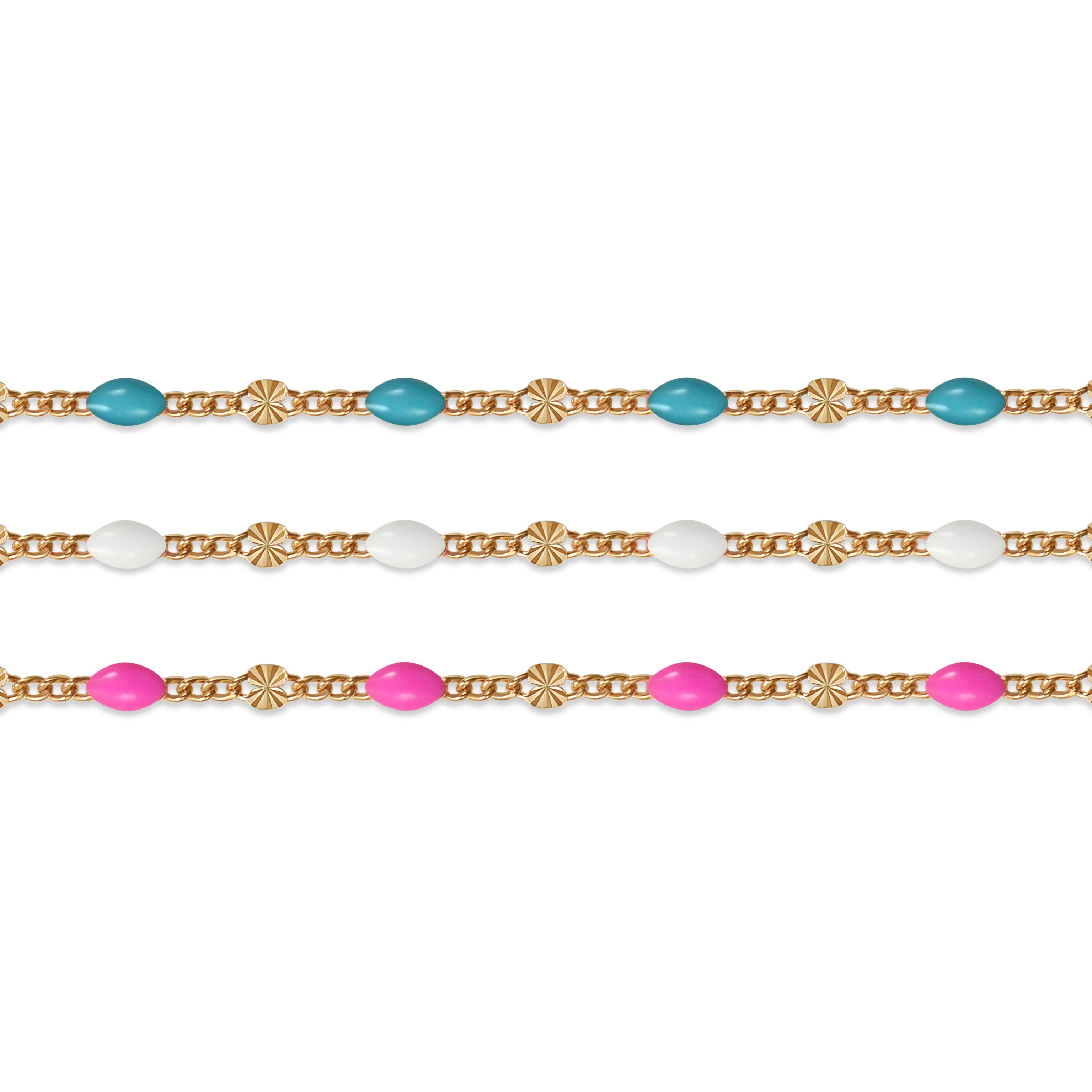 Gold filled chains with colorful enamel options on a white background