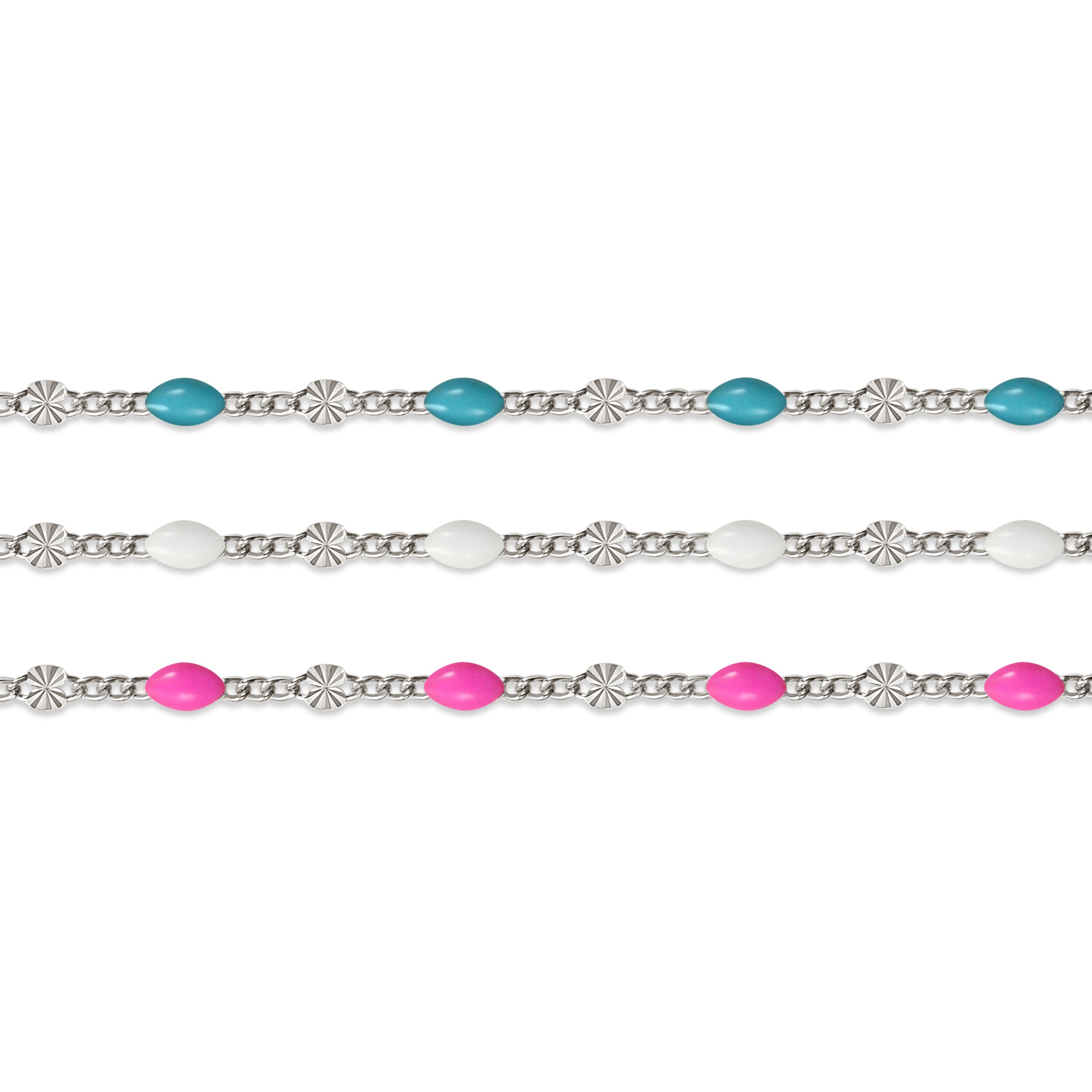 Sterling silver chains with colorful enamel options on a white background