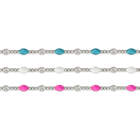 Sterling silver chains with colorful enamel options on a white background