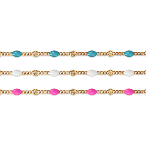 Gold filled chains with colorful enamel options on a white background