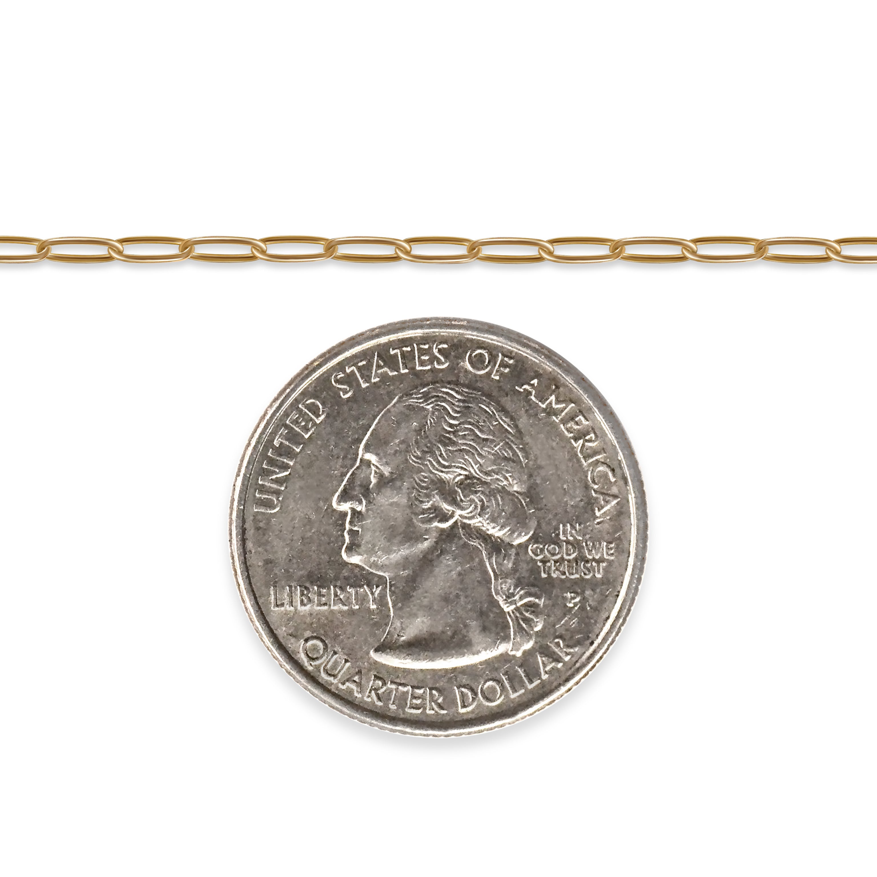 Gold-filled paperclip chain next to a quarter on a white background