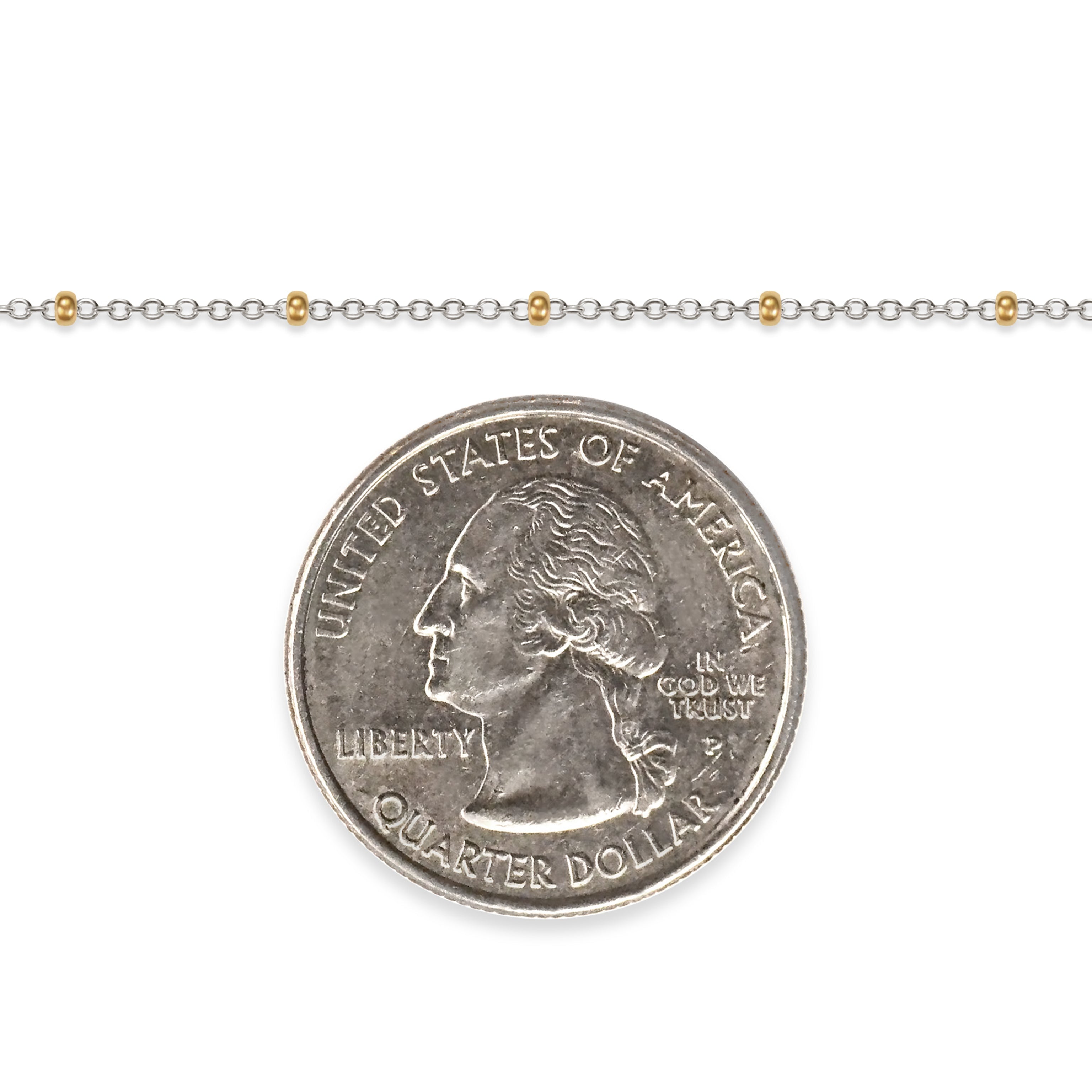 Two-tone, gold-filled and sterling silver chain next to a quarter on a white background.