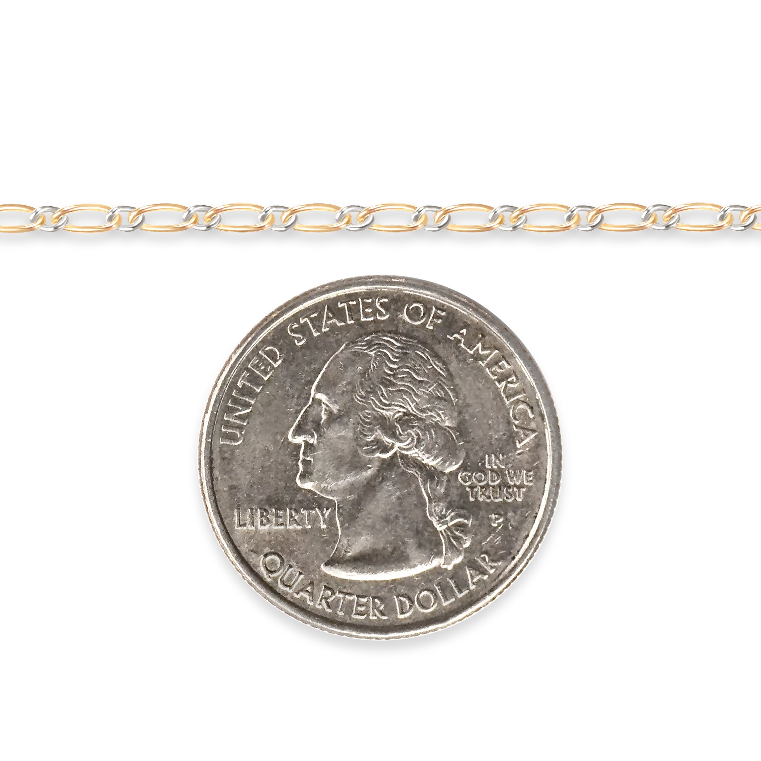 Two-tone gold-filled plus sterling silver chain next to a U.S. quarter dollar coin for scale