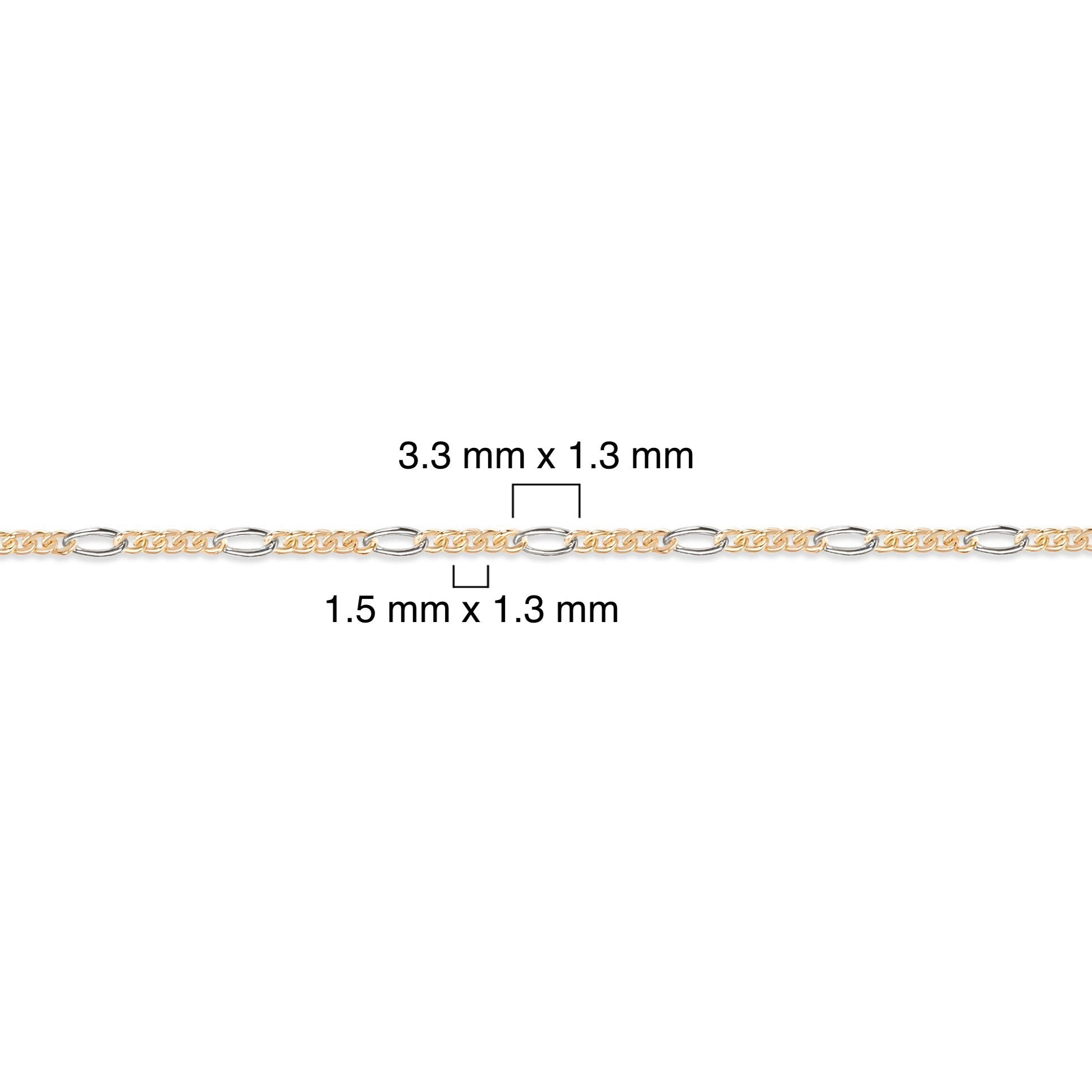 Two-tone gold-filled + sterling silver chain with dimensions labeled on a white background
