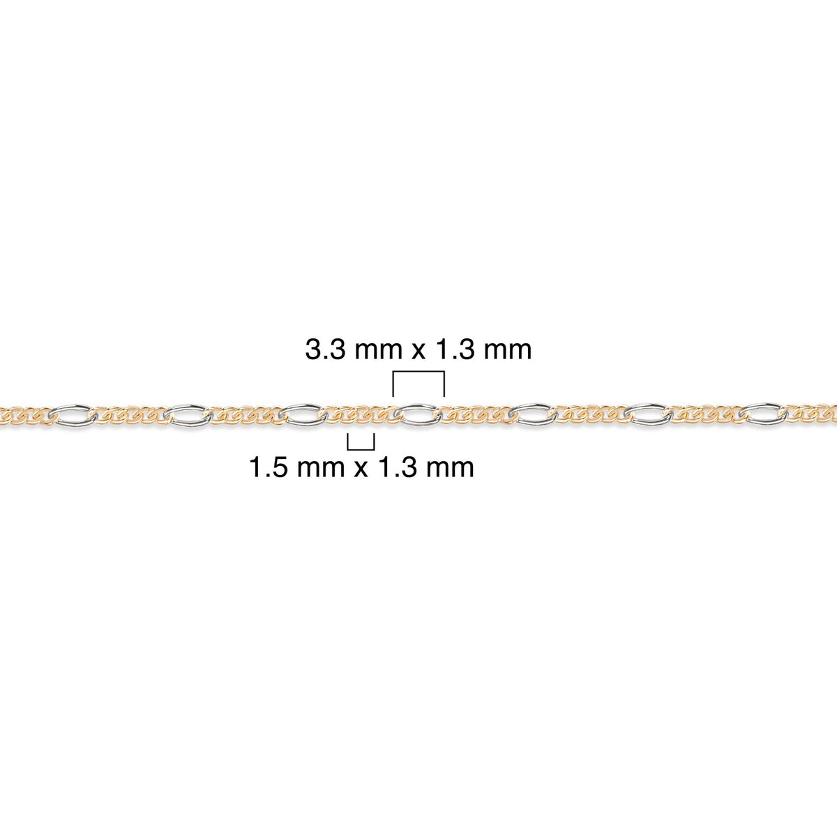 Two-tone gold-filled + sterling silver chain with dimensions labeled on a white background