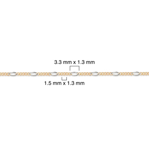 Two-tone gold-filled + sterling silver chain with dimensions labeled on a white background