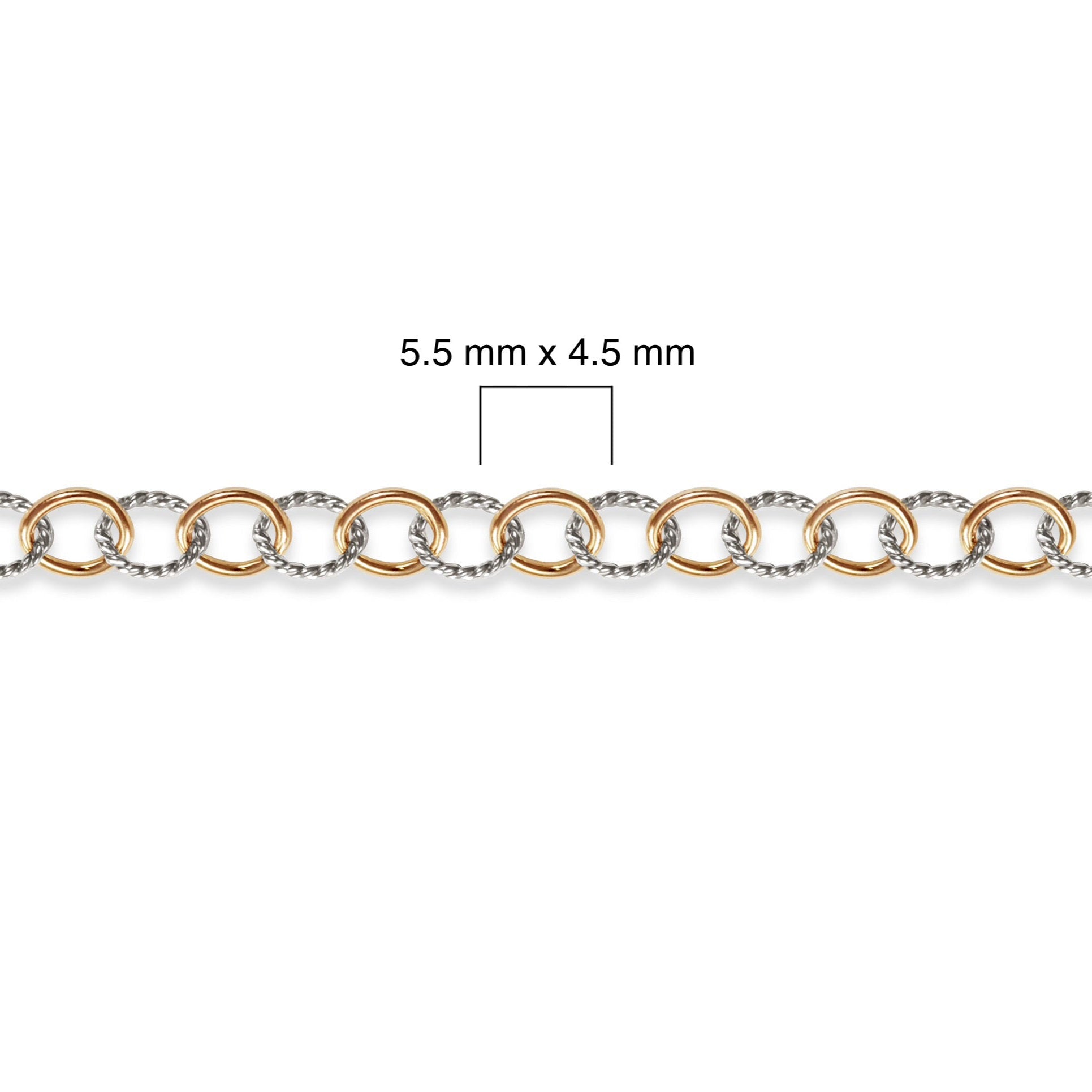 Close-up of a gold filled and silver chain with measurement details on a white background