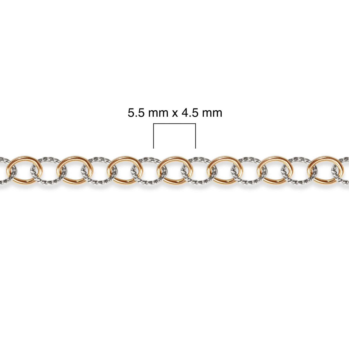 Close-up of a gold filled and silver chain with measurement details on a white background