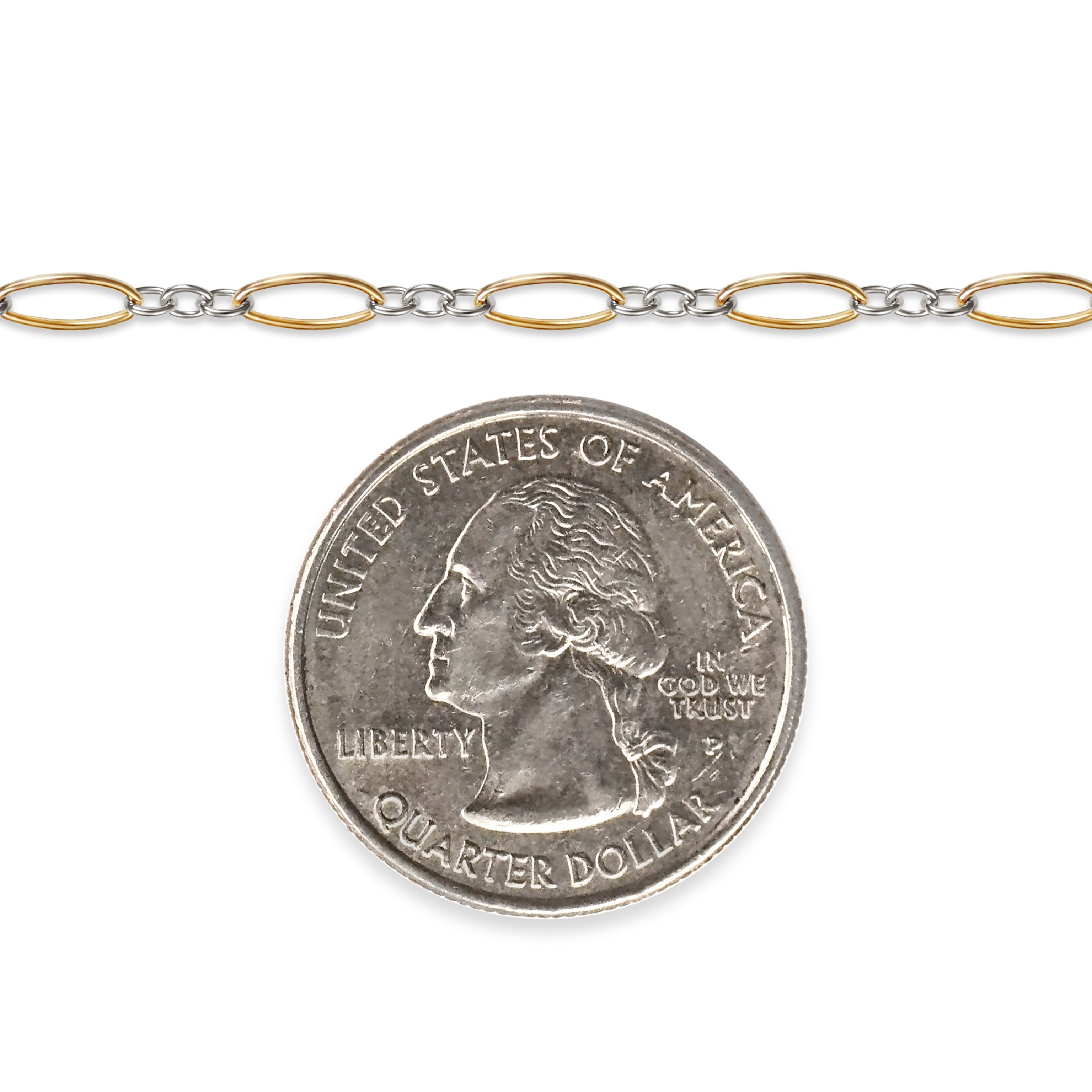 Gold filled and silver chain next to a quarter on a white background