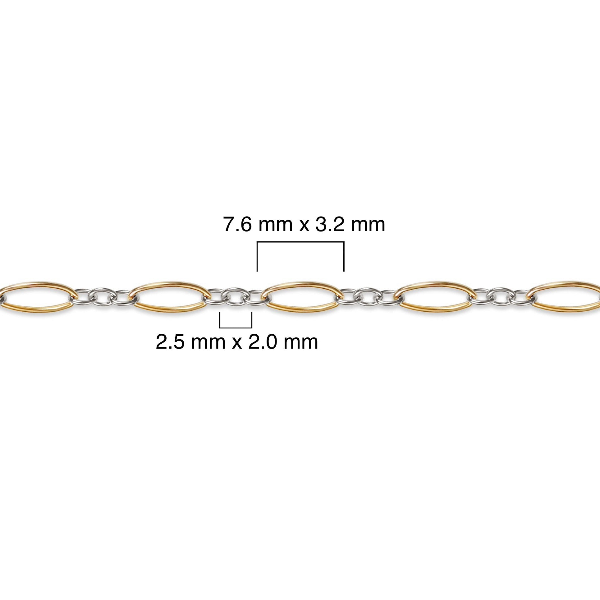 Gold filled and silver chain with measurements on a white background