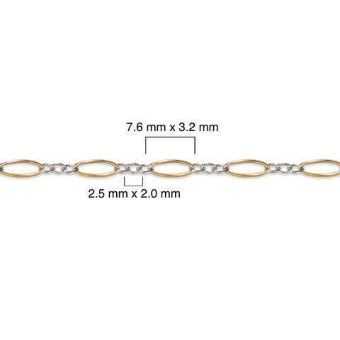 Gold filled and silver chain with measurements on a white background