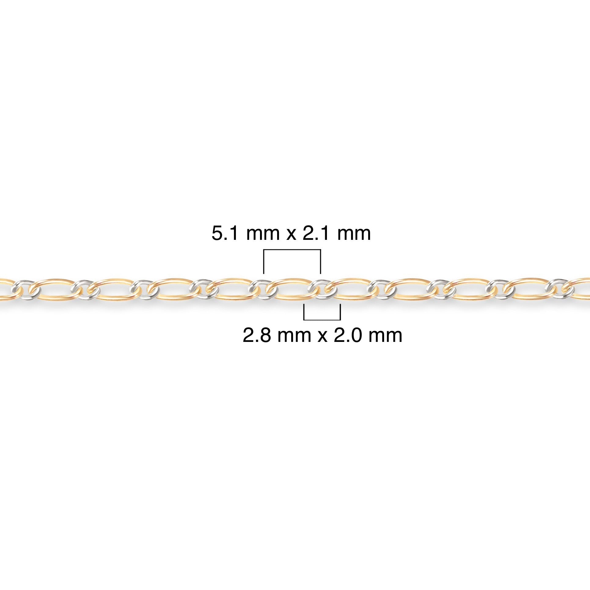 Two-tone gold-filled plus sterling silver chain with measurements on a white background