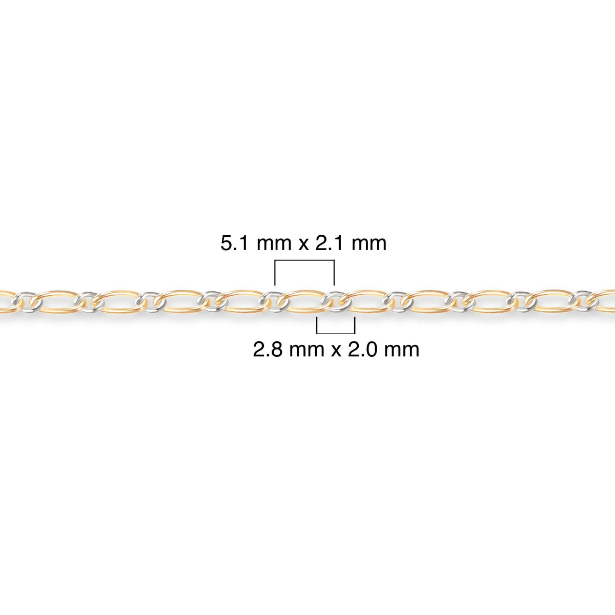 Two-tone gold-filled plus sterling silver chain with measurements on a white background