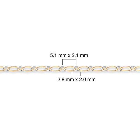 Two-tone gold-filled plus sterling silver chain with measurements on a white background