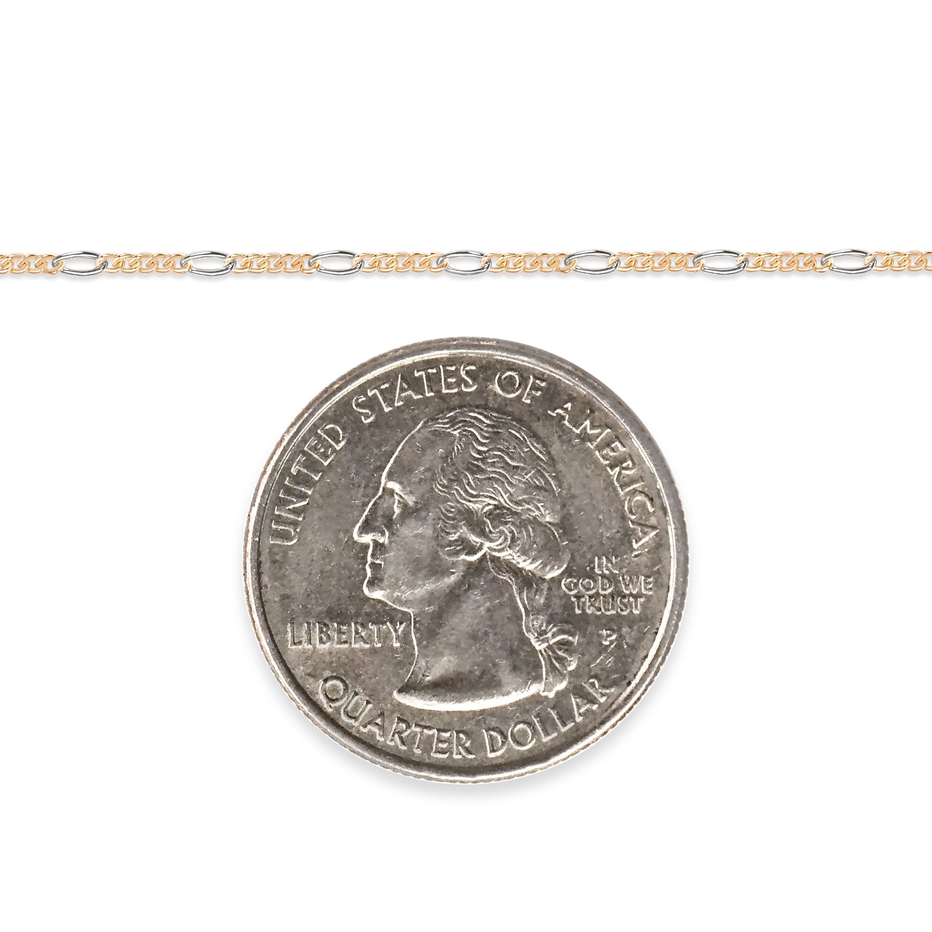 Two-tone gold-filled + sterling silver chain  on a white background next to a U.S. quarter dollar coin for scale