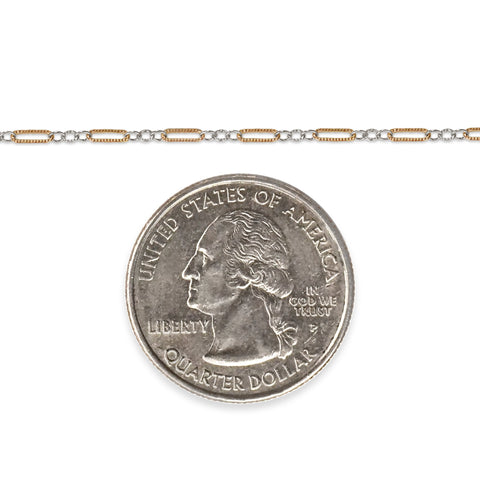 Two-tone chain next to a quarter on a white background
