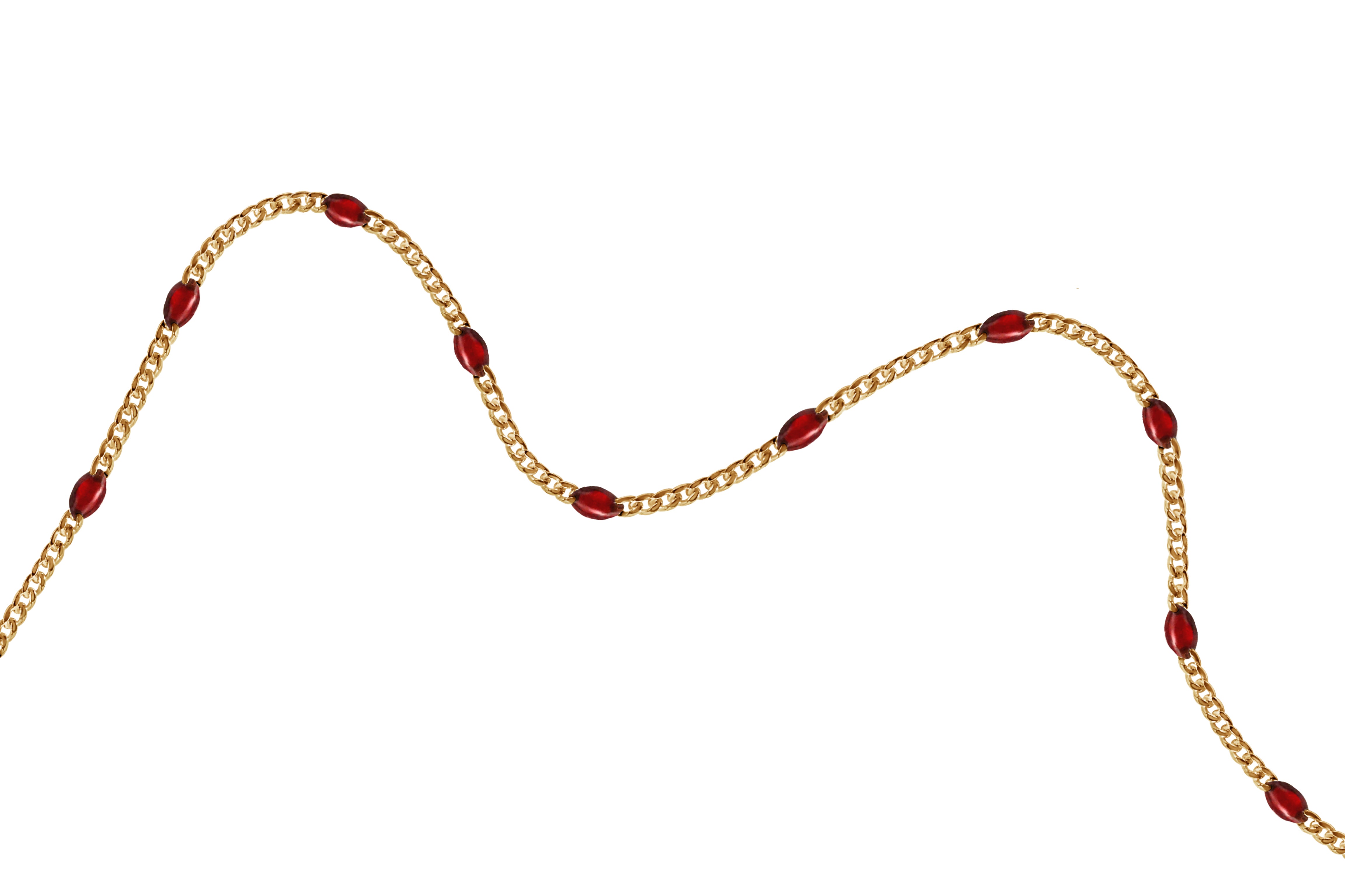 Gold filled chain with red enamel on a white background 