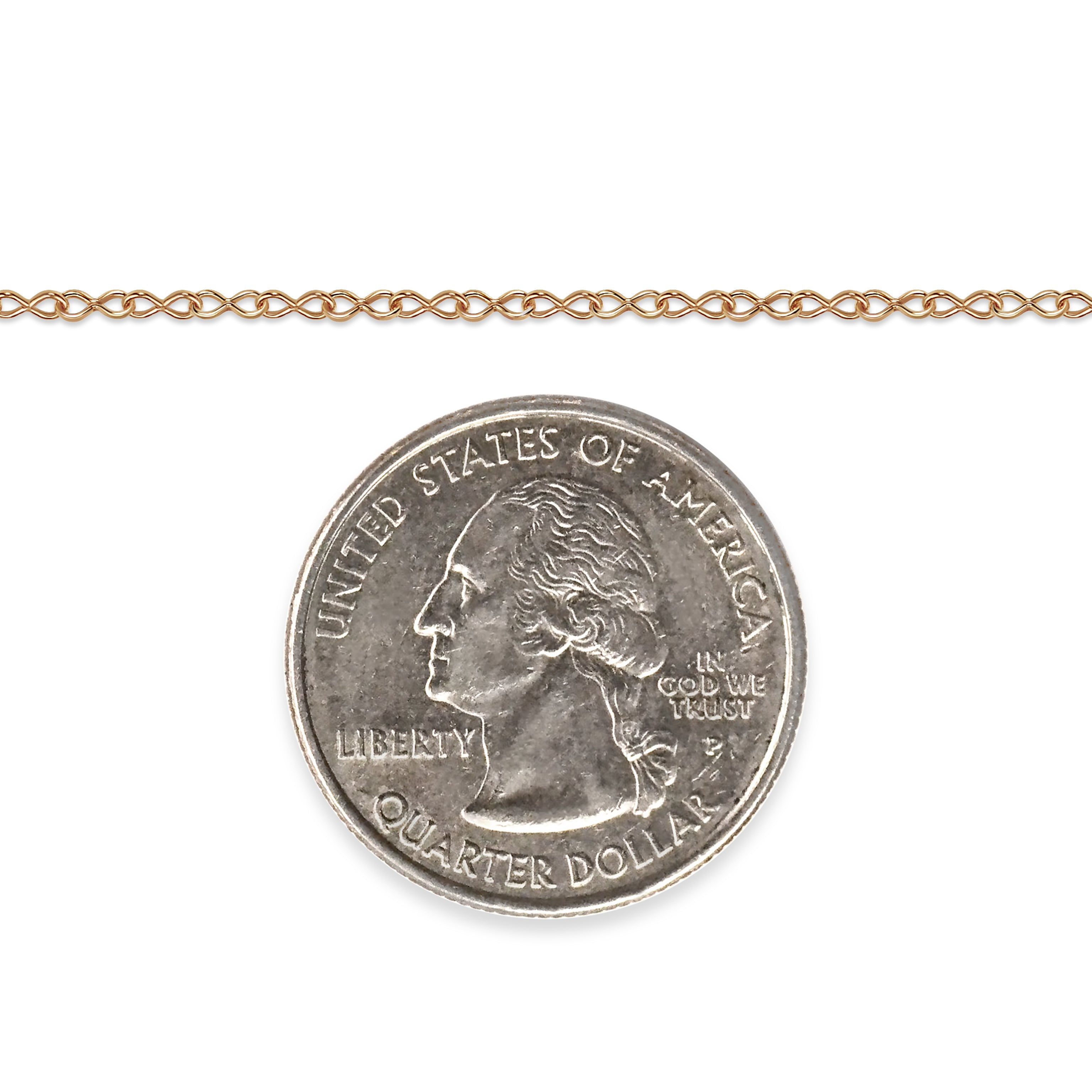 Gold-filled infinity chain next to a quarter dollar coin for scale on a white background