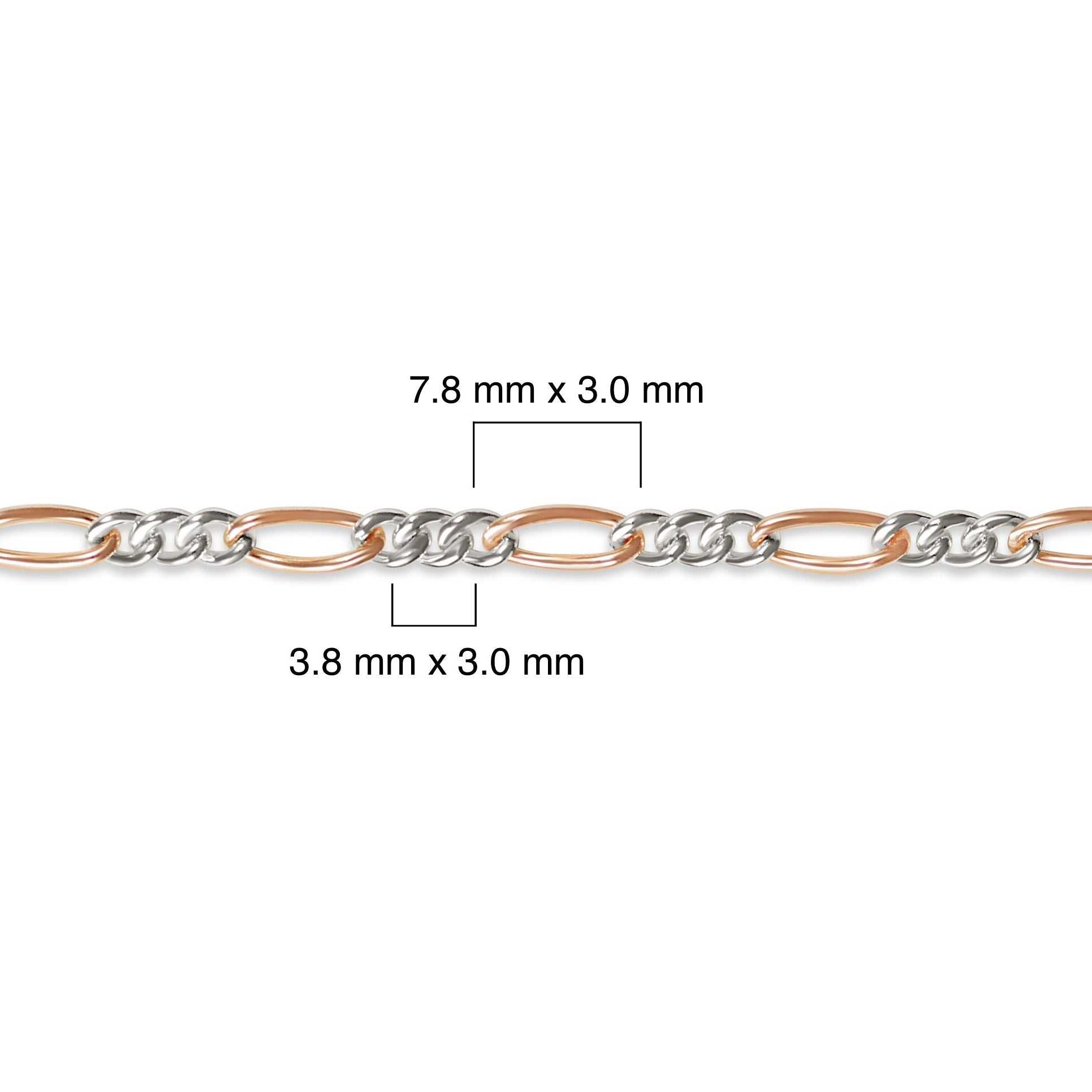 Mixed-metal, 14K rose gold-filled plus sterling silver chain with measurements on a white background