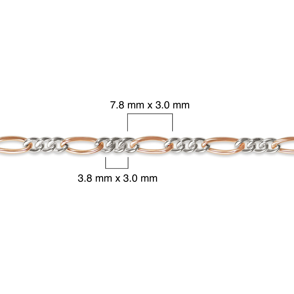 Mixed-metal, 14K rose gold-filled plus sterling silver chain with measurements on a white background