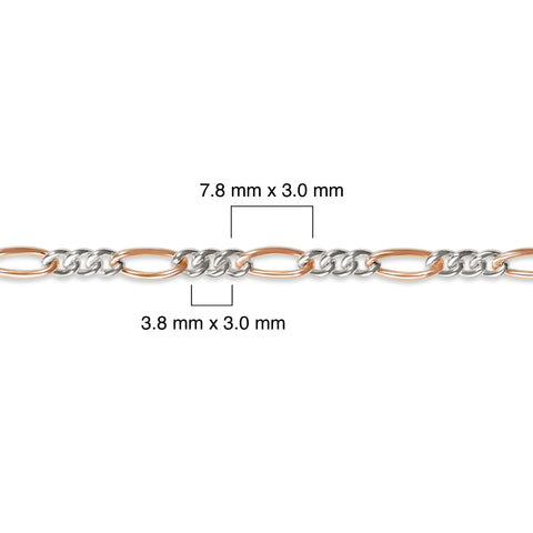 Mixed-metal, 14K rose gold-filled plus sterling silver chain with measurements on a white background